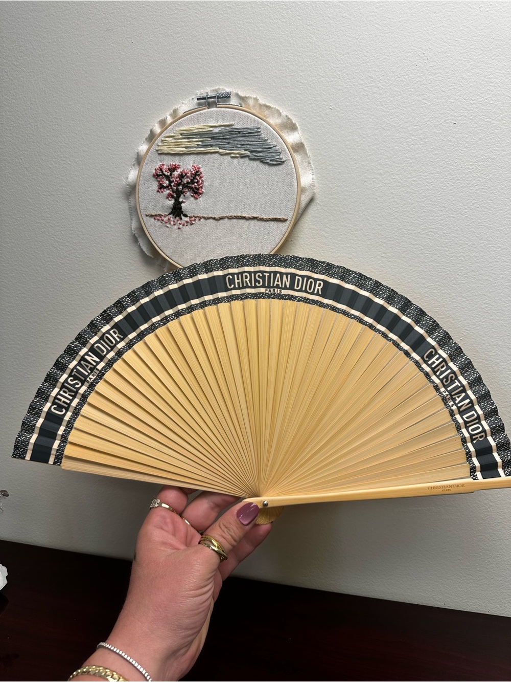 Christian Dior Riviera Black and Beige Bamboo Folding Wall Fan with CD trim